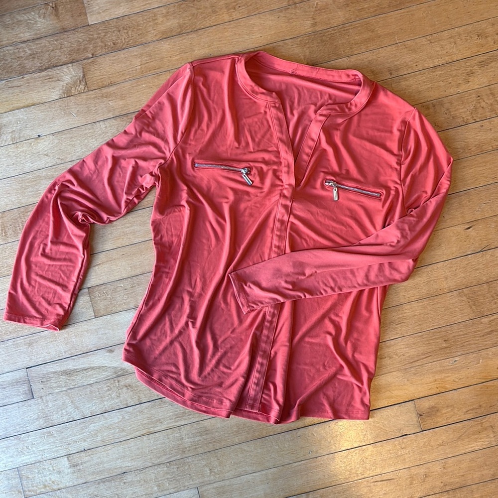 Coral Long Sleeve Top with Zipper Details
